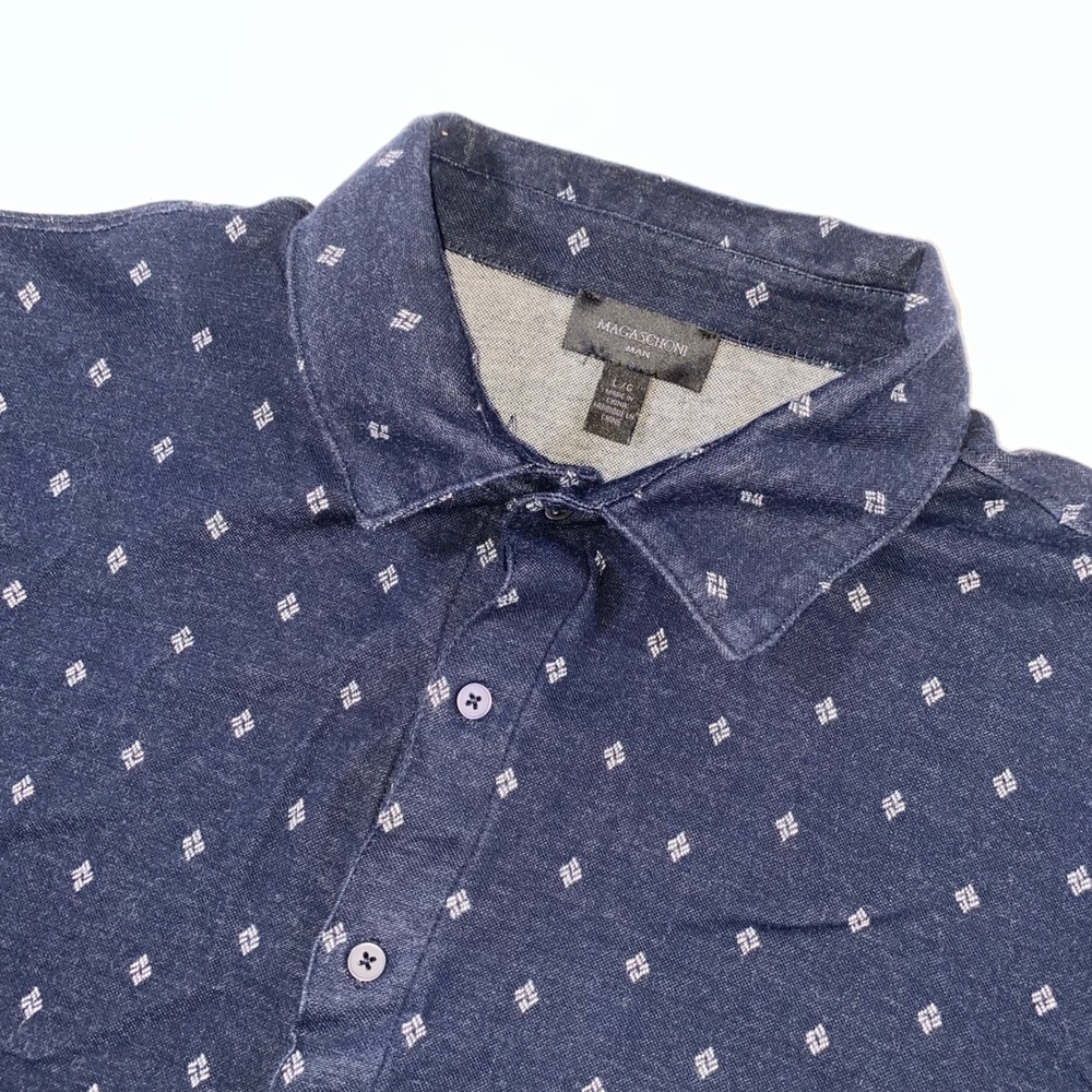 Magaschoni Man Mens L/G Short Sleeve Button Down Shirt Blue Diamond‎ Print